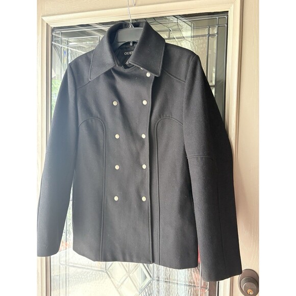 Vintage Guess Womens  SZ LG Pea Coat Double Breasted Black Wool Blend Jacket - Picture 11 of 14